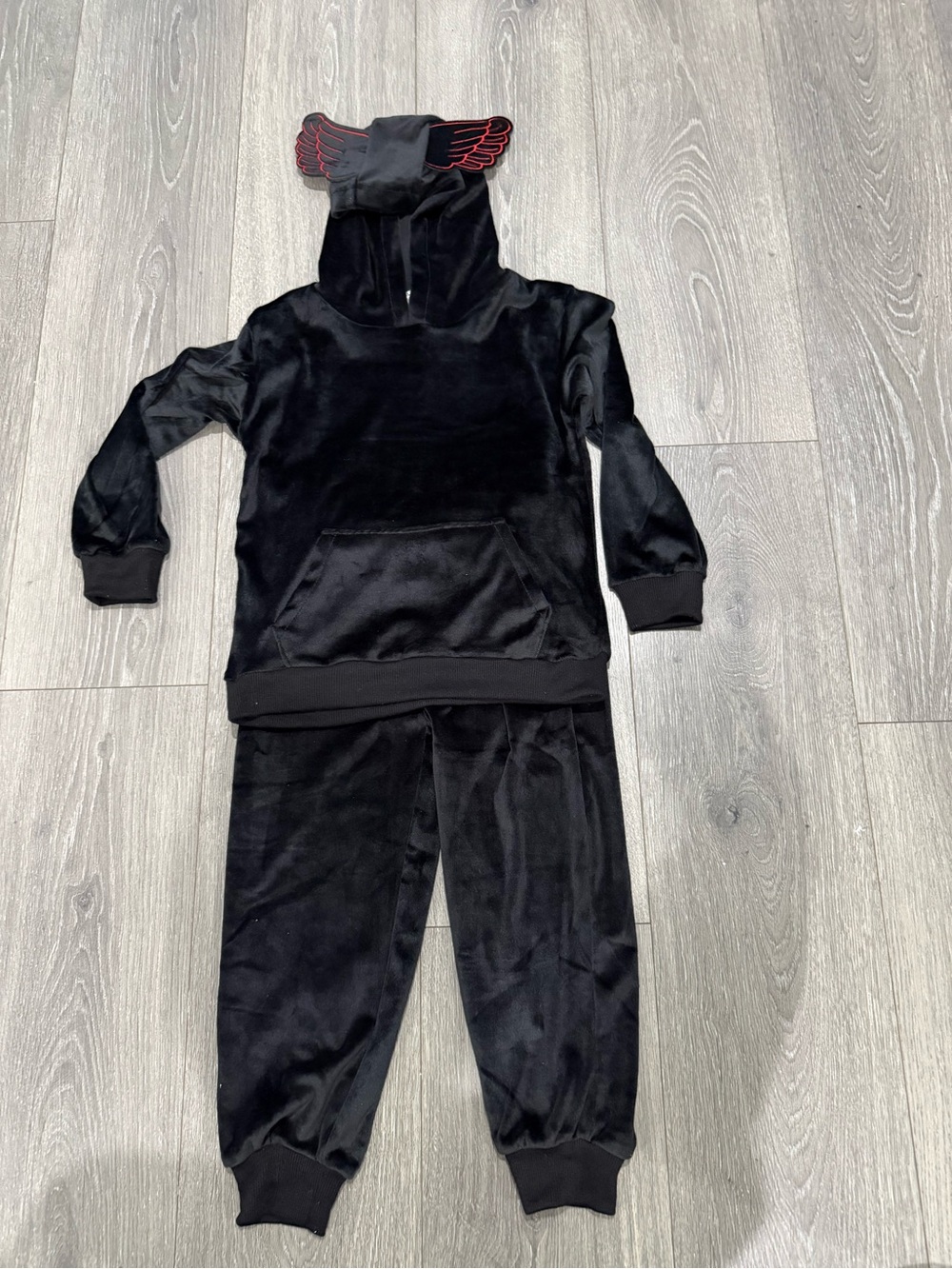 Kids Black Velour Hoodie & Jogger Set with Winged Hood Accent